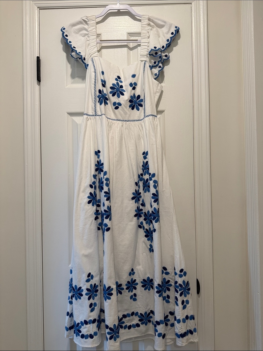 Sezane White Midi Dress with Blue Floral Embroidery - Picture 1 of 3
